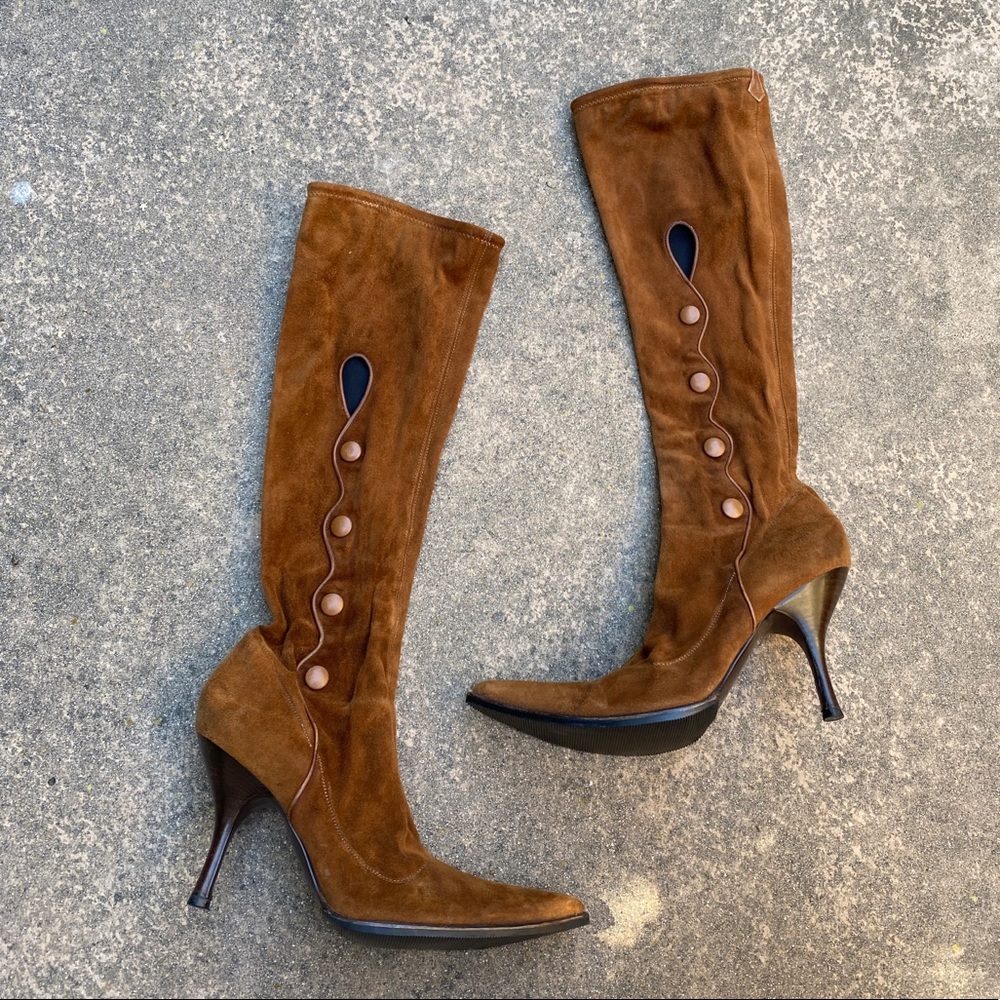 Sergio Rossi Camel Suede Sock Heel Button Pointed Toe Boots 38.5 Italy
